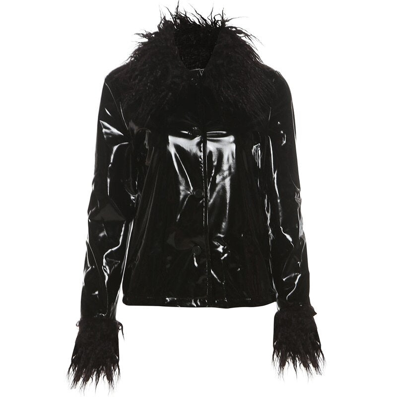 Women's Fashion Long Sleeve Jacket Fleece Collar Artificial Leather PU Jacket Winter Fashion Casual Leather Clothing