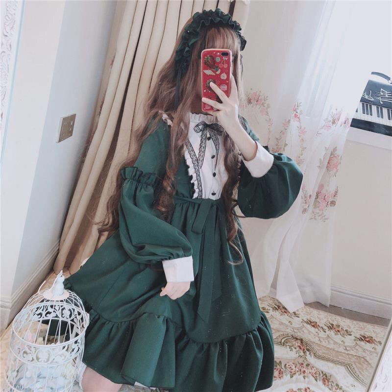 maoxiangshop In Wondeland Cute Women's Lolita OP Dress Flouncing Lace Trim Japanese Harajuku Long Sleeves Doll Dress Fairy Vestidos