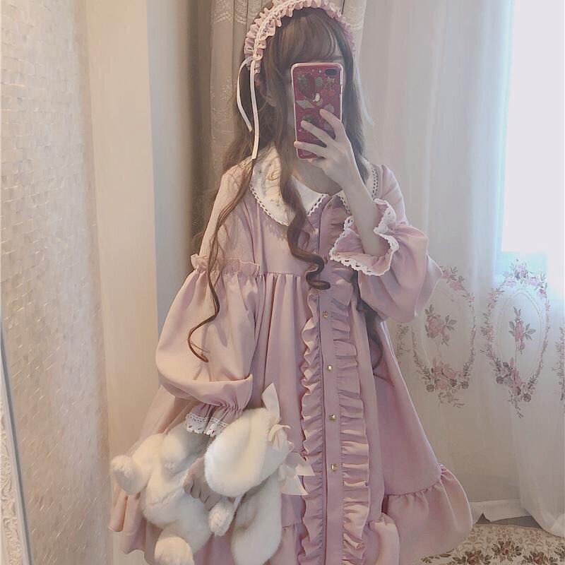 maoxiangshop In Wondeland Cute Women's Lolita OP Dress Flouncing Lace Trim Japanese Harajuku Long Sleeves Doll Dress Fairy Vestidos