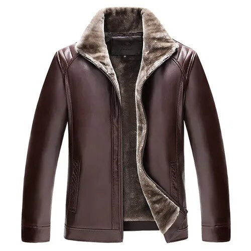 maoxiangshop Winter Men's Leather Plus Velvet Thick Fur One Lapel Leather Jacket Warm Casual Slim Smart Mens Leather Jacket Male Winter Coats