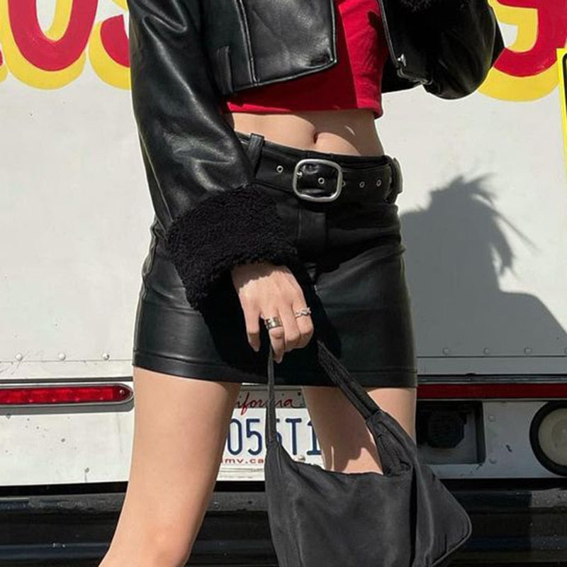maoxiangshop Harajuku Pu Leather Black Skirt With Sashes y2k Grunge Mall Goth Low Waisted Mini Skirt Women E-girl Punk Korean Streetwear