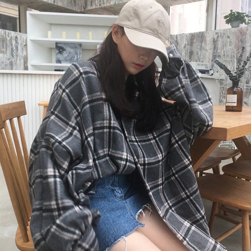 maoxiangshop Female Autumn Street Blouse Shirts Vintage Oversized Plaid Flannel Boyfriend Tunic Shirt for Women Casual Korean Tops