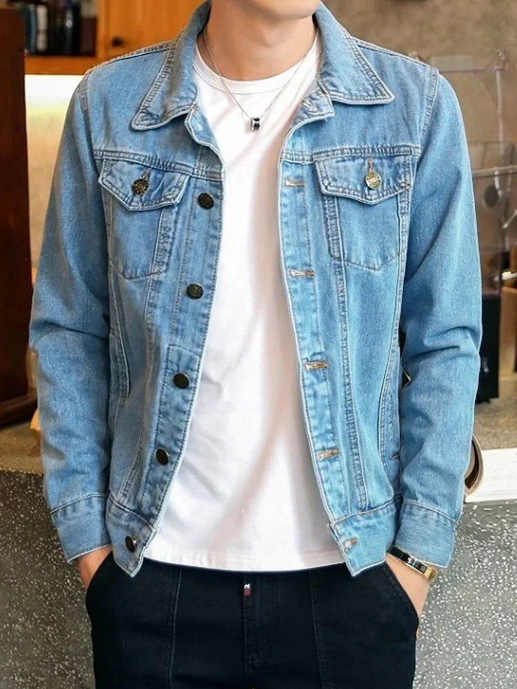 maoxiangshop Autumn New High-end Brand Male Fashion Boutique Blue Slim Casual Denim Jacket Trendy Thin Mens Denim Coat Cowboy