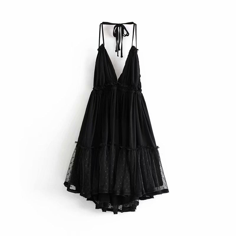 maoxiangshop Summer New Solid Color Lace Stitching V Neck Sexy Backless Mesh Short Dress Camisole Holiday Beach Dress Female