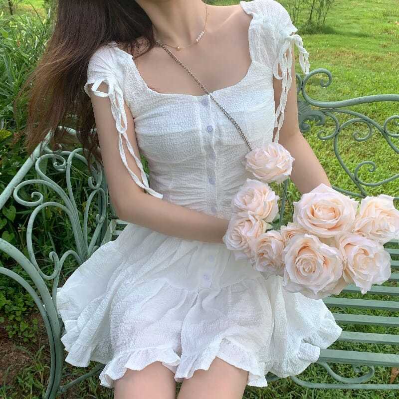 maoxiangshop Japanese Kawaii Princess Dress Women Pink Fairy Ruffles Party Mini Dress Female Summer Korean Puff Sleeve Slim Sweet Dress