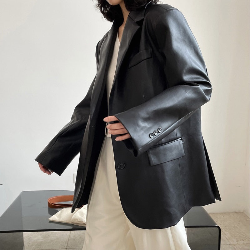 maoxiangshop Autumn and winter women's casual solid color single-breasted pocket decoration loose PU jacket