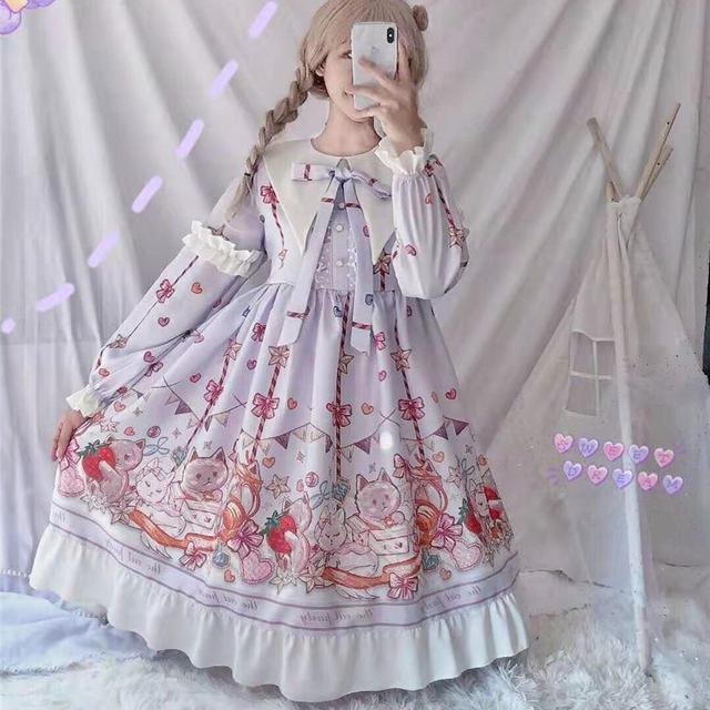 maoxiangshop In Wondeland Cute Women's Lolita OP Dress Flouncing Lace Trim Japanese Harajuku Long Sleeves Doll Dress Fairy Vestidos