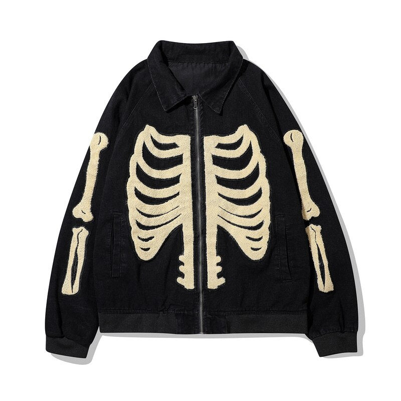 maoxiangshop Street Hip Hop Denim Jacket For Men Autumn Bone Embroidery Long Sleeve Zipper Loose Baseball Jackets Men's Denim Jackets