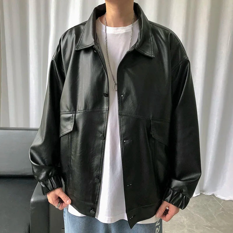 maoxiangshop Spring New Loose Soft Leather Jacket Single Breasted Jacket Men Casual Biker Jacket Men Jacket Leather Large Size XXL