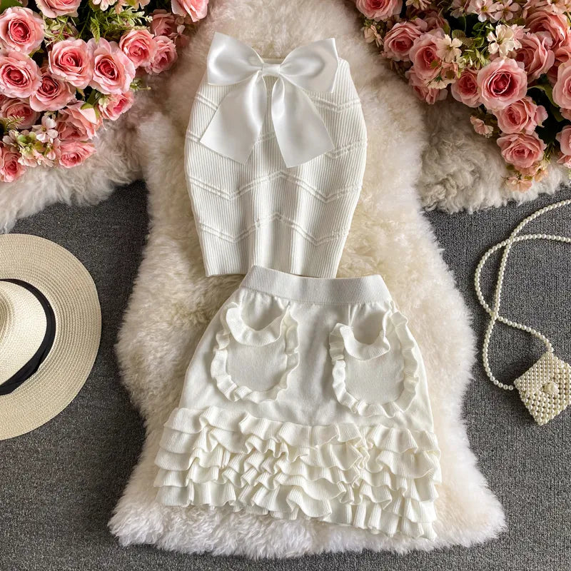 Cute Sweet Knitted 2 Piece Set Summer Sexy Strapless Crop Top + High Waist Ruffles Skirts Sets Tracksuit Women Two Piece Outfits