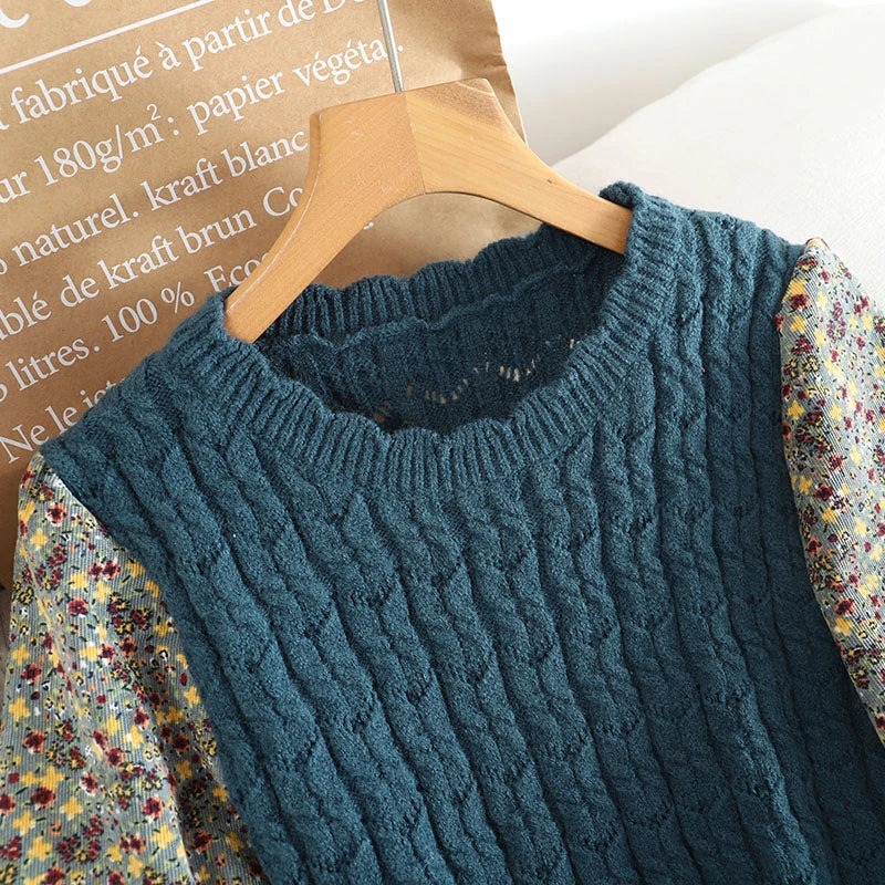 maoxiangshop Corduroy Floral Women Dresses Vintage Knitted Patchwork Vestidos De Mujer Sweet Korean Long Dress A-line