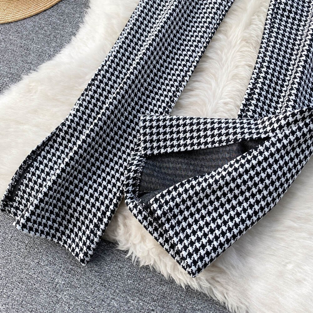 maoxiangshop Houndstooth Print Long Pants High Waist Vintage Long Trousers Women New Spring Autumn Slim Split Hem Casual Female Patns