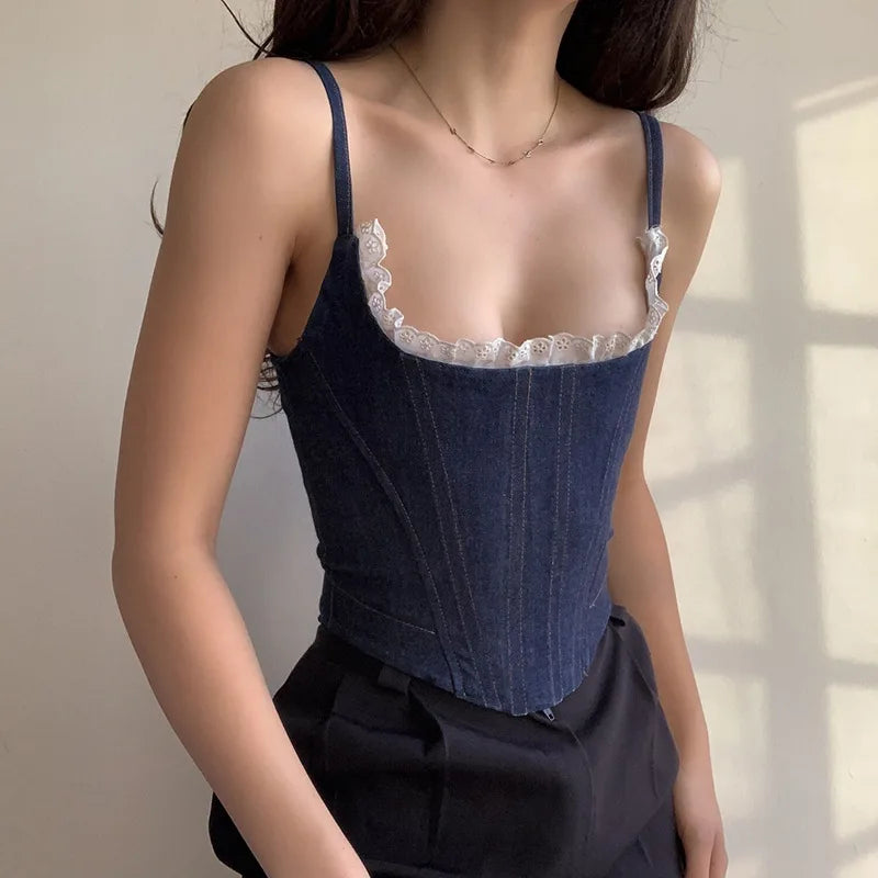 Sexy Lace Trim Denim Cami Top Women Back Zipper Backless Cropped Bustier Corset Elegant Lady Women Streetwear Summer Jeans Vest