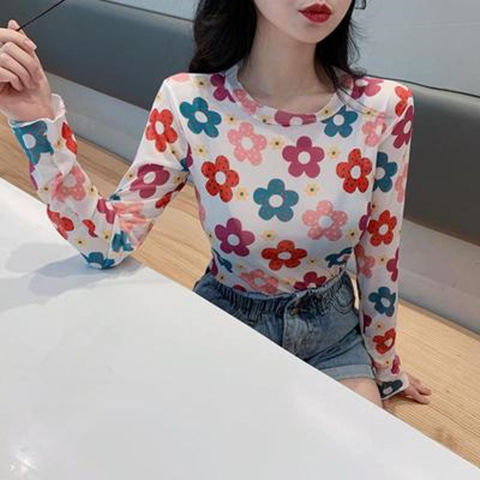 maoxiangshop Angel Print Sheer Blue Black Mesh Long Sleeve Blouse Shirts Women Spring Summer Pullovers Elegant Sexy See Through Tops