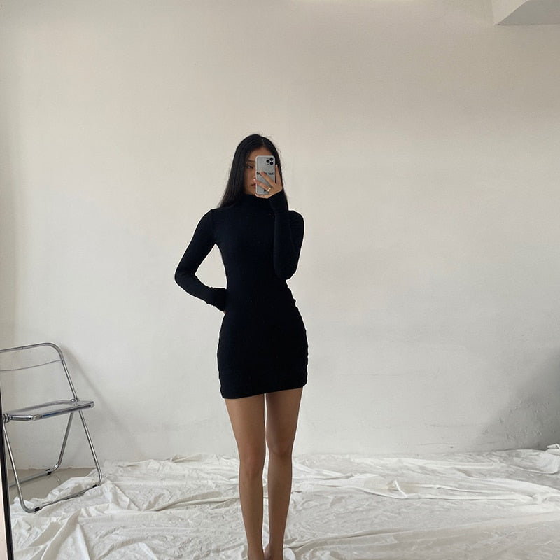 maoxiangshop Autumn Fashion Sexy Solid Turtleneck Skinny Mini Dress Women Rib Knit Keep Warm Long Sleeve Slim Dress Streetwear