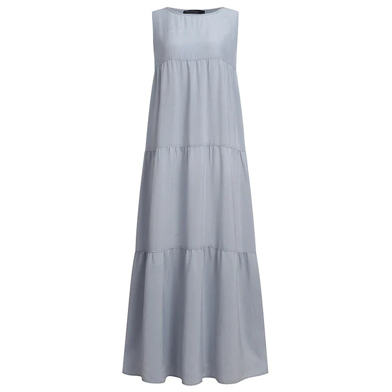 maoxiangshop Stylish Women's Ruffle Sundress Solid Summer Dress Casual Sleeveless Maxi Vestidos Female O neck Robe Oversized