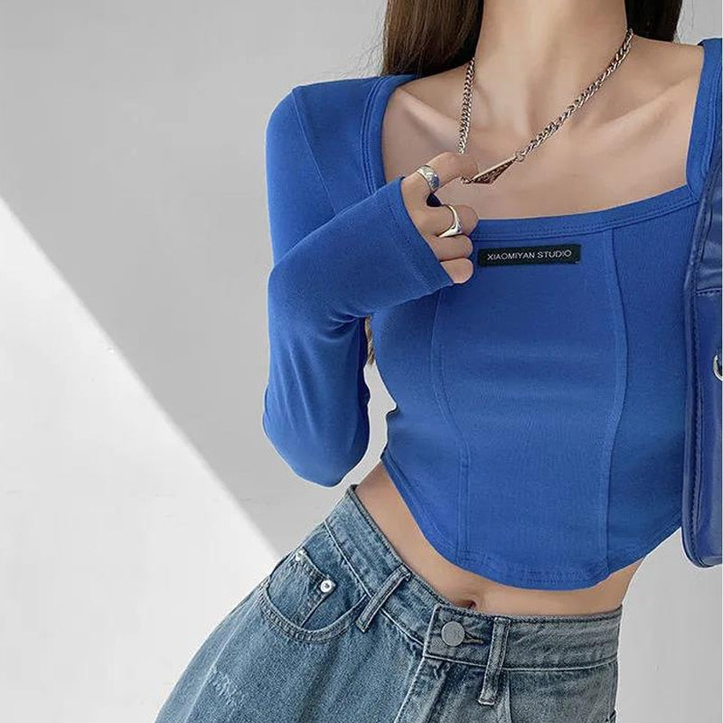 maoxiangshop American Style Brown Cropped Top Women Fashion Skinny Sexy Long Sleeve T Shirts Female Casual Square Neck Tees