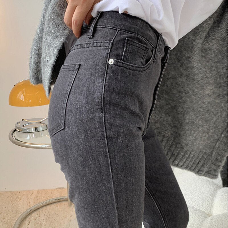 maoxiangshop Spring And Autumn Women's Casual Solid Color High-rise Slim Straight-leg Jeans