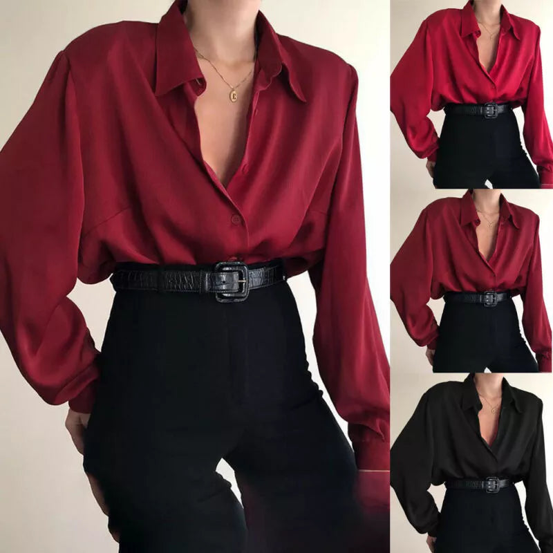 maoxiangshopWomen Button Blouses Turn Down Collar Shirts Office Lady Long Sleeve Casual Blouse Loose OL Shirt Baggy Tops Red/Wine Red /Black