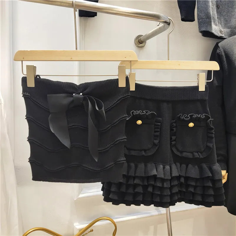 Cute Sweet Knitted 2 Piece Set Summer Sexy Strapless Crop Top + High Waist Ruffles Skirts Sets Tracksuit Women Two Piece Outfits