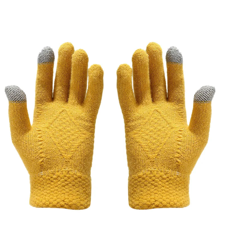 maoxiangshop - 3 PCS Hat Glove Scarf Sets Winter Warm Knitted Touch Screen Gloves Woolen Plush Pom Pom Beanies Thickened Coldproof Scarves Suit
