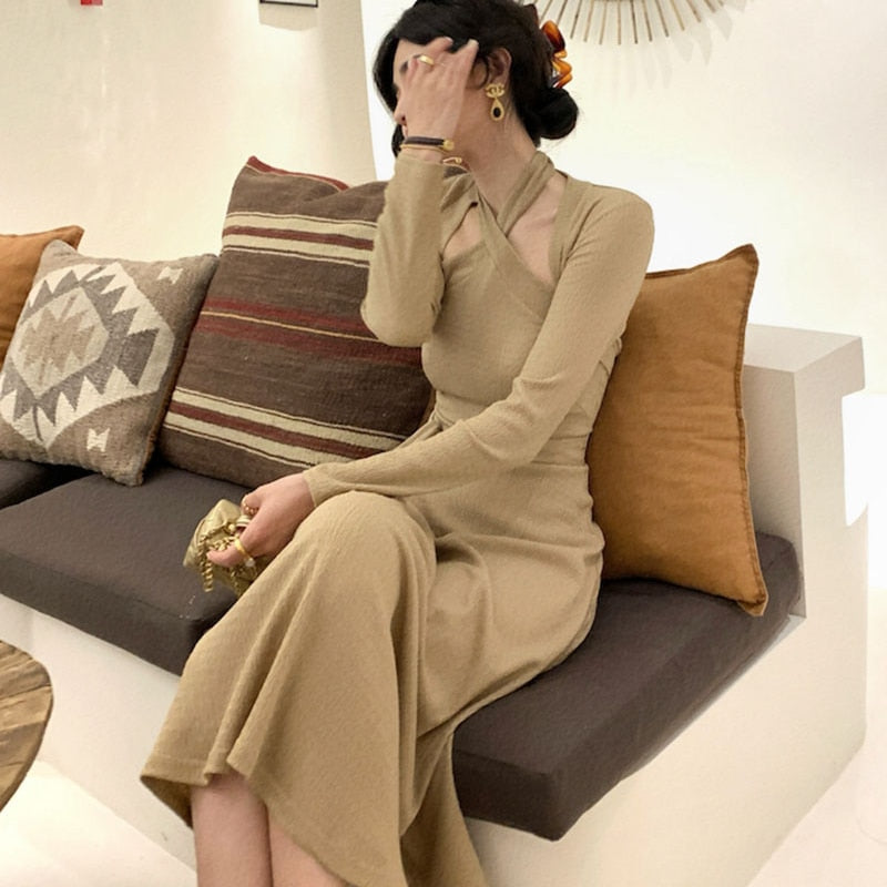 maoxiangshop Autumn Korea Elegant Dress Set Women Slim Retro Casual Party Vintage 2 Piece Suit France One-piece Dress + Long Sleeve Top