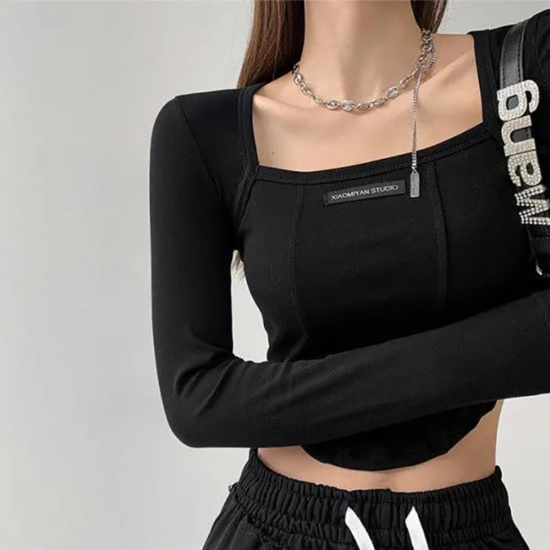 maoxiangshop American Style Brown Cropped Top Women Fashion Skinny Sexy Long Sleeve T Shirts Female Casual Square Neck Tees
