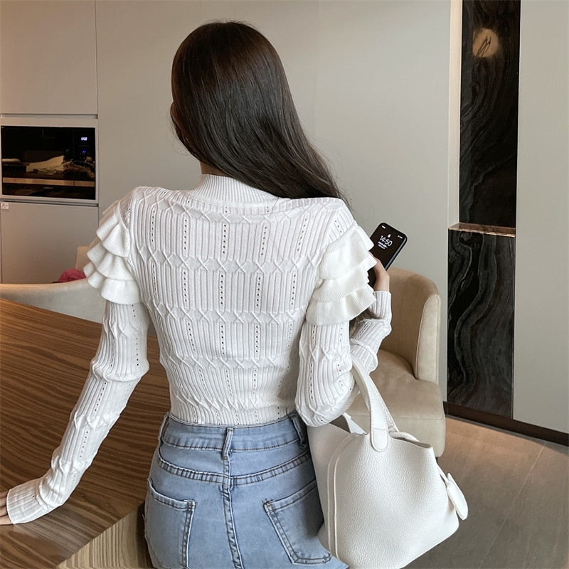 maoxiangshop Full Sleeve Turtleneck Buttons Sweater Jumpers Girls Stretchy Chic Ruffles Autumn Spring Sweaters Pullovers Tops Women