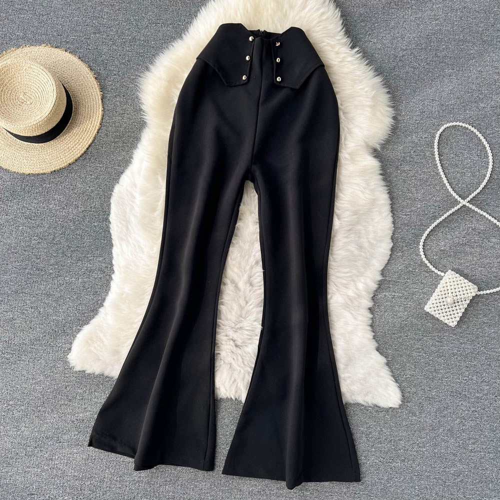maoxiangshop Women Sprint Pants Solid Colar High Waist Slim Flare Pants Elegant Office Lady Yellow Black Full Length Casual Trousers