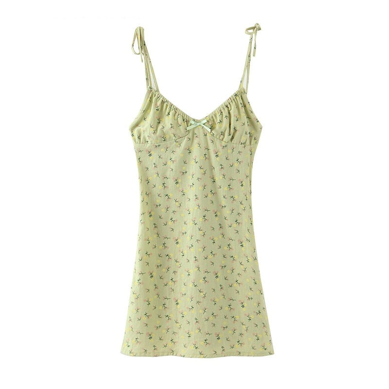 maoxiangshop New Casual Chic Floral Print Sling Mini Dress Women Holiday Bow V-neck Dress Summer Sexy Backless Ladies Dresses