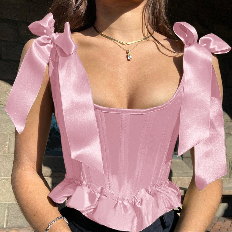 maoxiangshop Sexy Women Tube Tops Cropped Sexy Tank Cute Solid Color Bow Tie Strap Sleeveless Criss Cross Lace-Up Corset Vest
