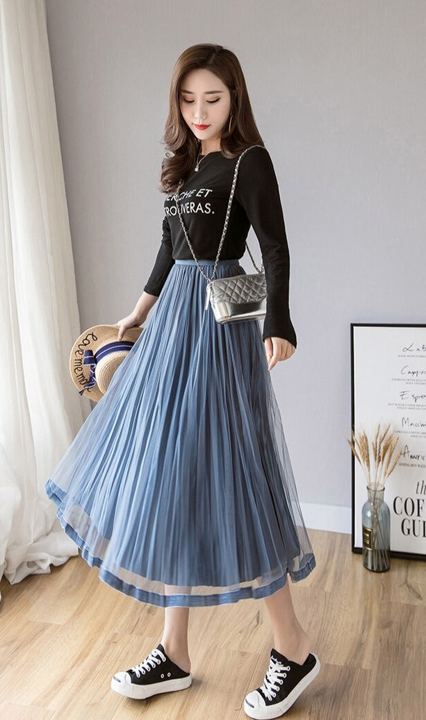 maoxiangshop Mesh Skirt Autumn Winter Velvet Solid Color Elastic Waist Slim Pleated Skirts Womens Chic High Waist Women Skir