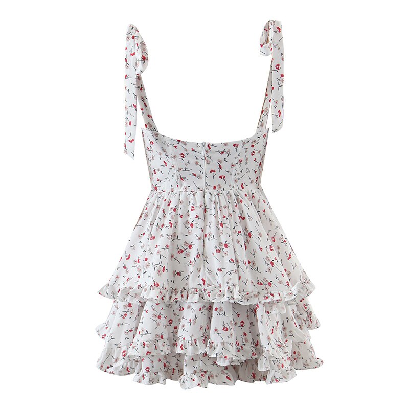 maoxiangshop Vintage Spring Summer Chic Floral Print Lace Square Neck Cute Cake Cascading Ruffled Strap Mini Dress Woman New