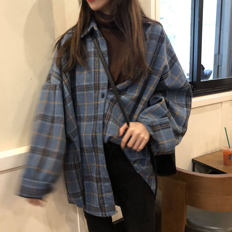 maoxiangshop Female Autumn Street Blouse Shirts Vintage Oversized Plaid Flannel Boyfriend Tunic Shirt for Women Casual Korean Tops