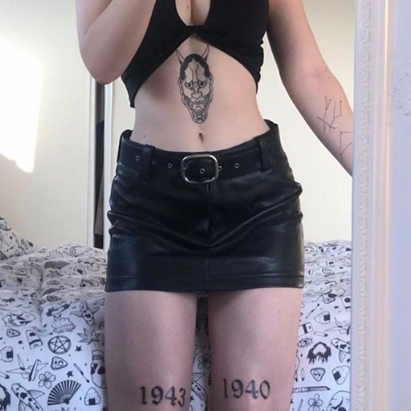 maoxiangshop Harajuku Pu Leather Black Skirt With Sashes y2k Grunge Mall Goth Low Waisted Mini Skirt Women E-girl Punk Korean Streetwear