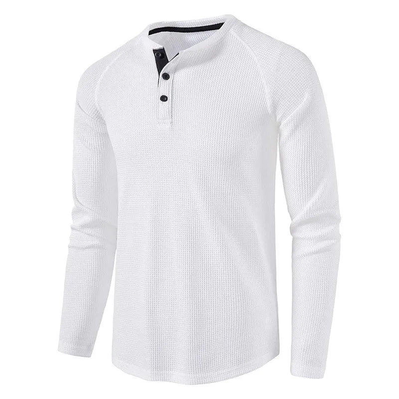 maoxiangshop Fashion Waffle Cotton T Shirt Men Spring New Slim Fit Long Sleeve Henley Tshirt Men Streetwear Casual Solid Color T-Shirt