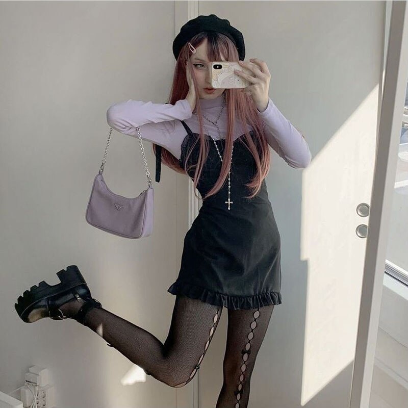 maoxiangshop Lolita Goth Lace Stockings Women Harajuku Tights Elastic High Waist Pantyhose Hollow Sexy Leggings with Bowknot 90s