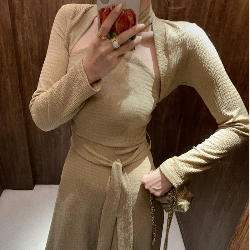maoxiangshop Autumn Korea Elegant Dress Set Women Slim Retro Casual Party Vintage 2 Piece Suit France One-piece Dress + Long Sleeve Top