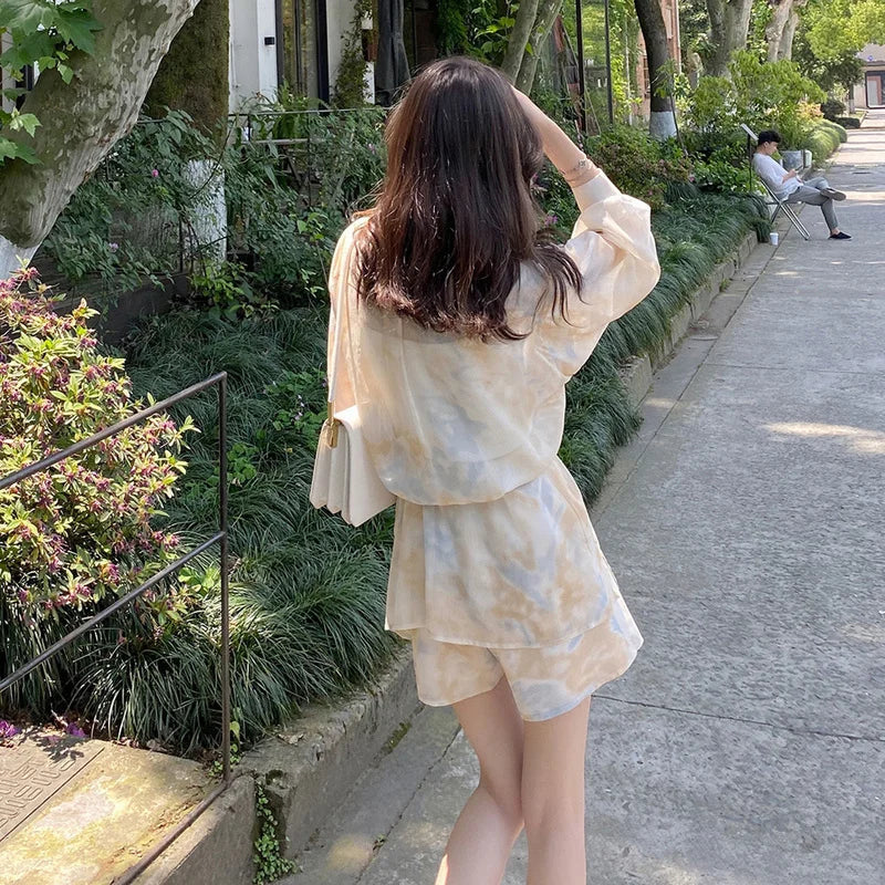 maoxiangshop 2 Pieces Sets Women Outfits Summer Sun-proof Chiffon All-match Tie Dye Loose Casual Shorts Street Ulzzang Fashion College Daily