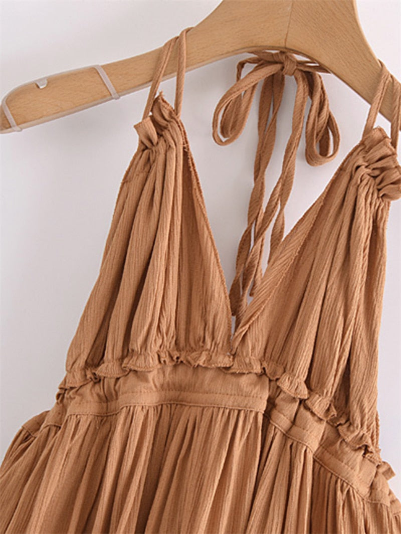 maoxiangshop Summer New Solid Color Lace Stitching V Neck Sexy Backless Mesh Short Dress Camisole Holiday Beach Dress Female