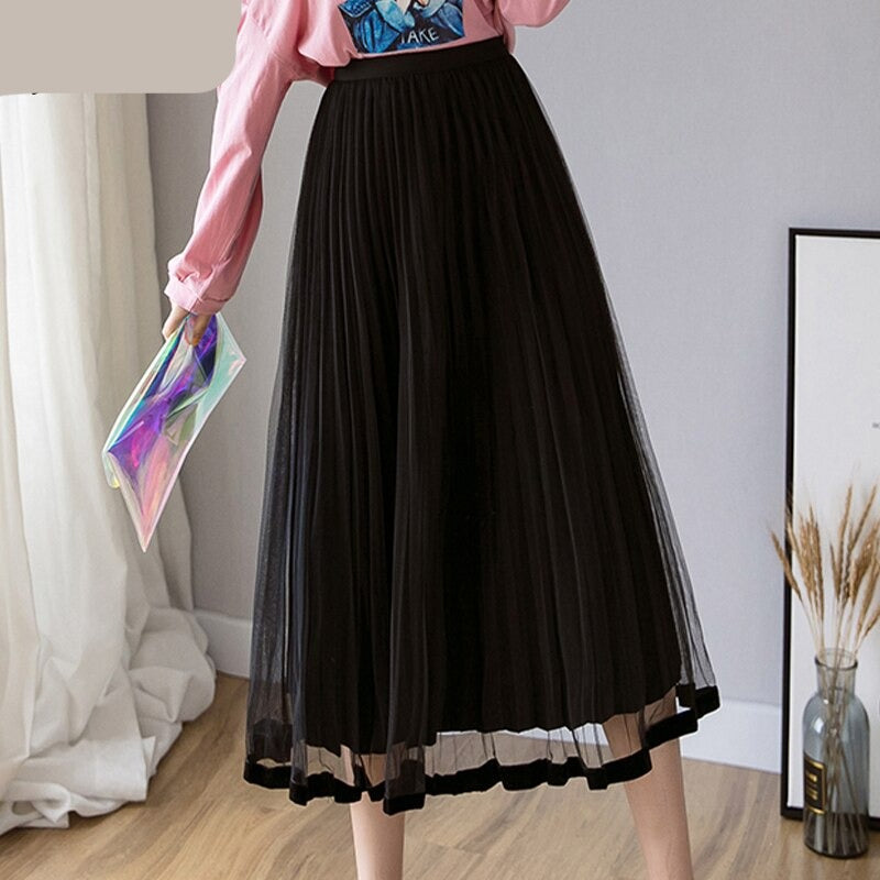 maoxiangshop Mesh Skirt Autumn Winter Velvet Solid Color Elastic Waist Slim Pleated Skirts Womens Chic High Waist Women Skir