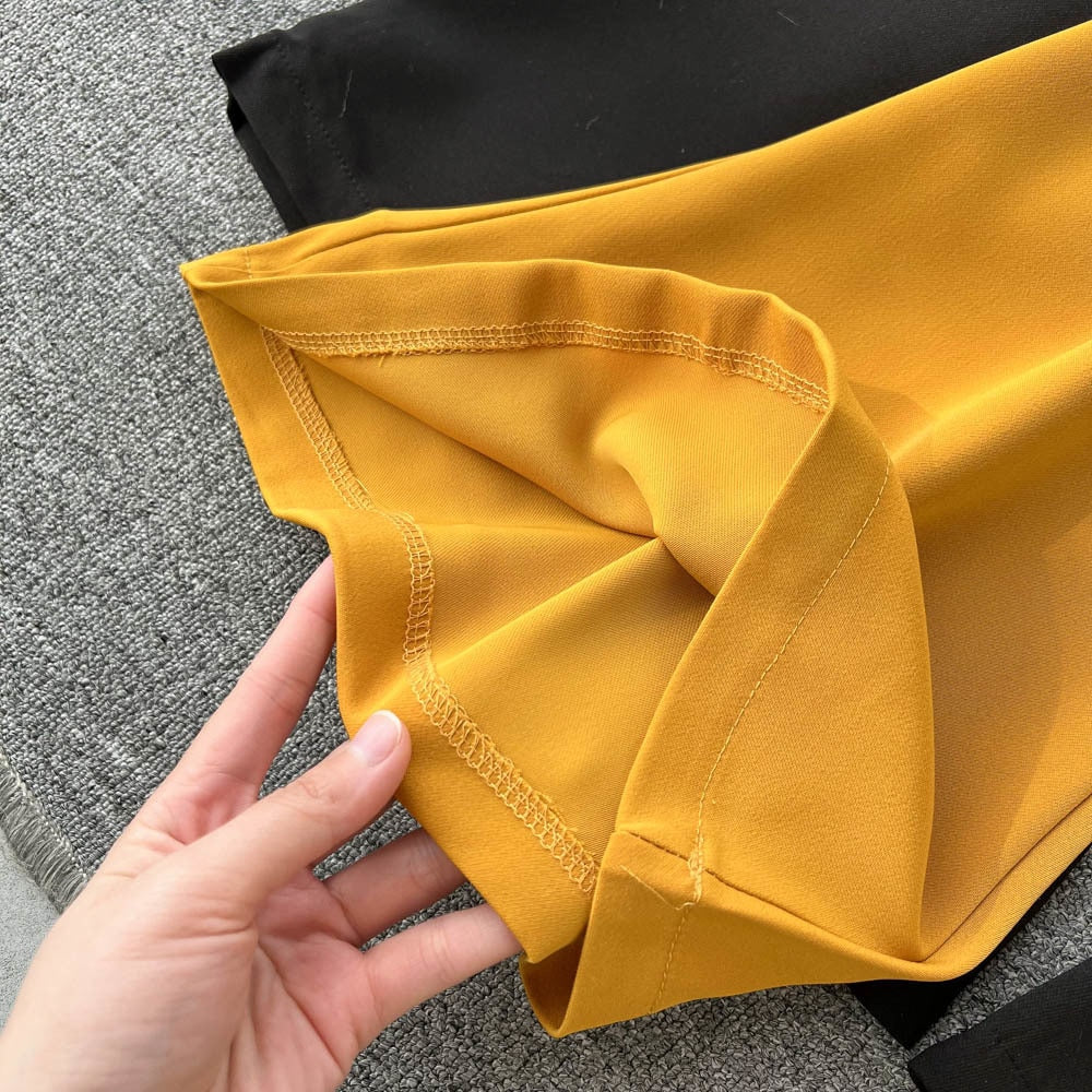 maoxiangshop Women Sprint Pants Solid Colar High Waist Slim Flare Pants Elegant Office Lady Yellow Black Full Length Casual Trousers