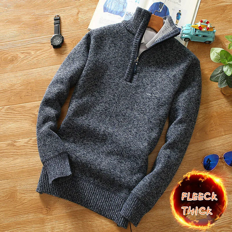 maoxiangshop Winter Men's Fleece Thicker Sweater Half Zipper Turtleneck Warm Pullover Quality Male Slim Knitted Wool Sweaters for Spring