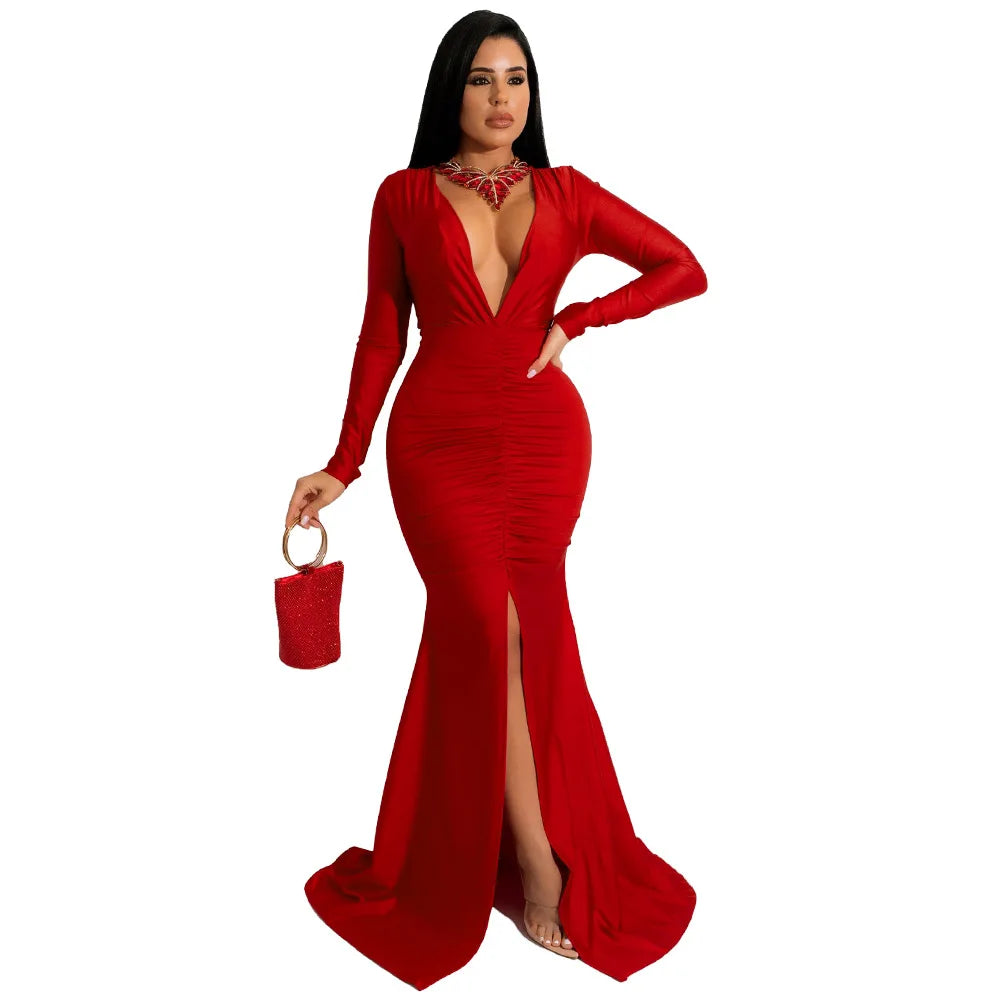 maoxiangshop Dresses for Women Evening Party Dress Long Bodycon Dress Sexy Party Dresses Winter Clothes for Women Long Sleeve V-neck