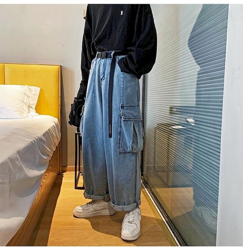 maoxiangshop Wide-leg Jeans Men's Autumn Daddy Trend Student Loose Straight-leg Pants Japanese Retro Big Pocket Loose Wild Fashion New W