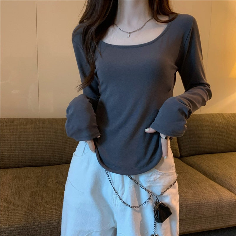 maoxiangshopWomen Long Sleeve Square Neck T-Shirt Spring And Autumn New Irregular Hem Slim Casual Top Girl Bottom Shirts