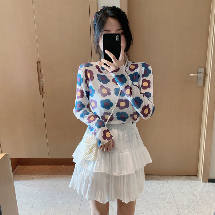 maoxiangshop Angel Print Sheer Blue Black Mesh Long Sleeve Blouse Shirts Women Spring Summer Pullovers Elegant Sexy See Through Tops