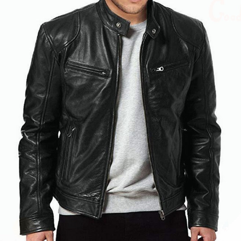 maoxiangshop Autumn Male Leather JacketNew Black Brown Mens Stand Collar Coats Leather Biker Jackets Motorcycle Leather Jacket