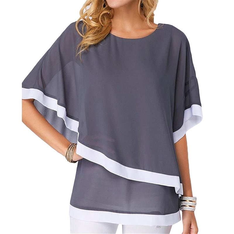 maoxiangshop Blouses For WomenNew Patchwork Double Layer Tops Casual Batwing Tunic Autumn New Chiffon Shirts