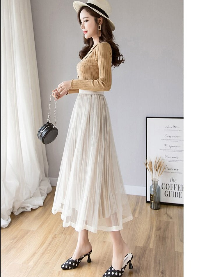 maoxiangshop Mesh Skirt Autumn Winter Velvet Solid Color Elastic Waist Slim Pleated Skirts Womens Chic High Waist Women Skir